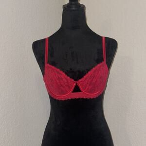 Victoria's Secret Sexy Unlined Lace Balconette Bra Women's 34B Red Twinkle Strap